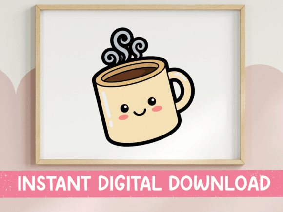 Kawaii Happy Coffee Mug Sticker: A Cheerful Design Asset